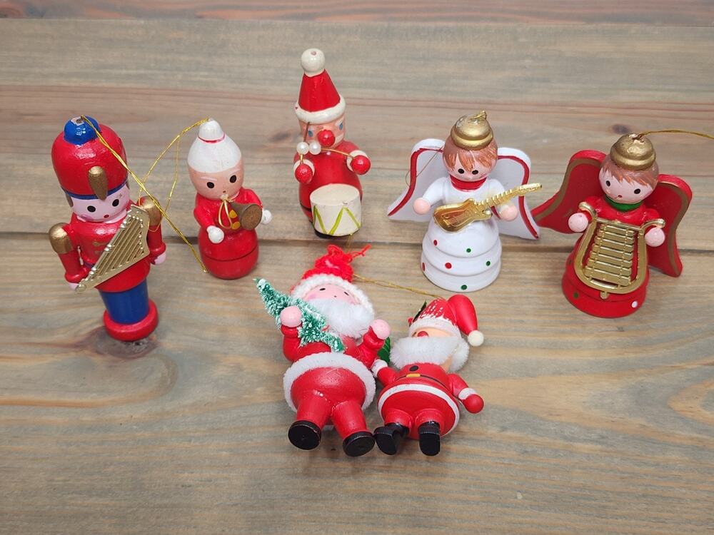 Lot 7 Vintage Wooden Christmas Ornaments - Santa Angels